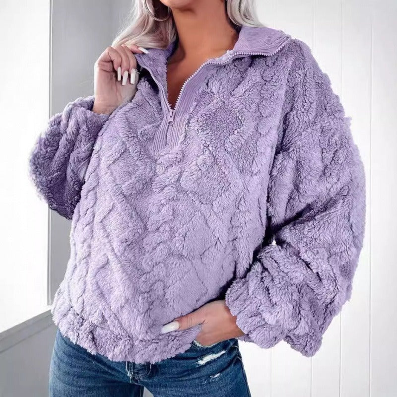 Krohn-e | Pullover Sweatshirt Plüsch Fleece Übergröße Fit Halber Reißverschluss Stehkragen
