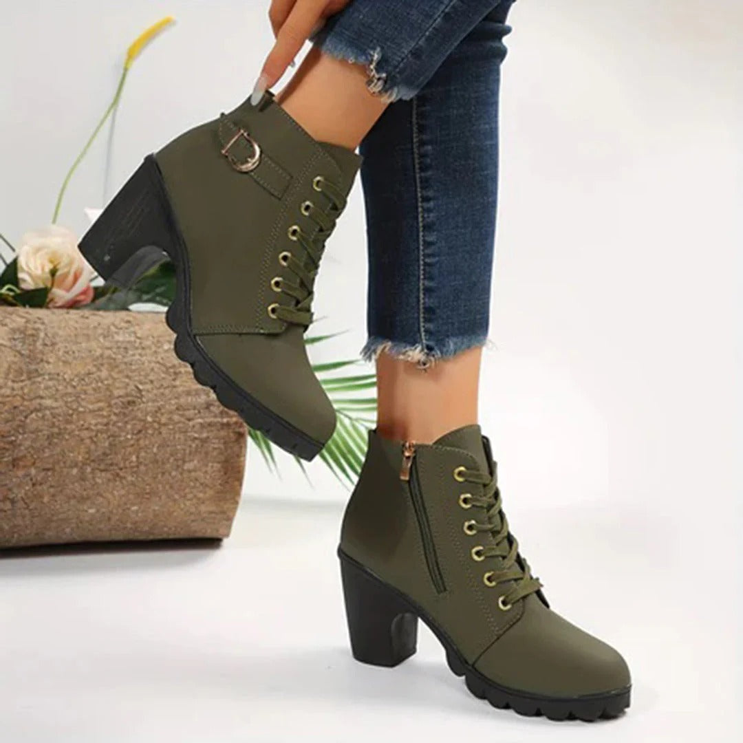 Krohn-e | Absatzstiefel – Chunky Sohle Blockabsatz – Schnürung mit Reißverschluss und Schnalle