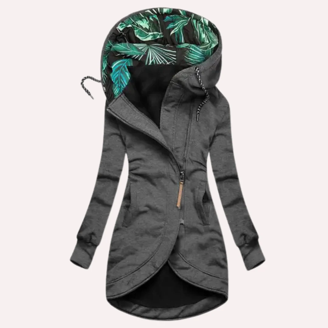 Krohn-e | Fleece-Jacke - Slim Fit - Asymmetrischer Reißverschluss - Gefütterte Kapuze mit Druck