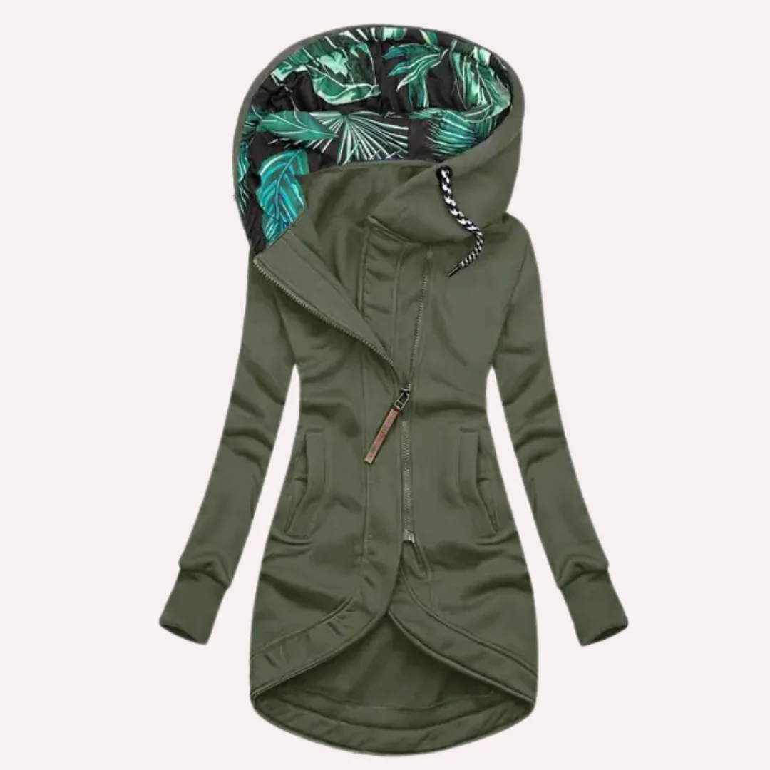 Krohn-e | Fleece-Jacke - Slim Fit - Asymmetrischer Reißverschluss - Gefütterte Kapuze mit Druck