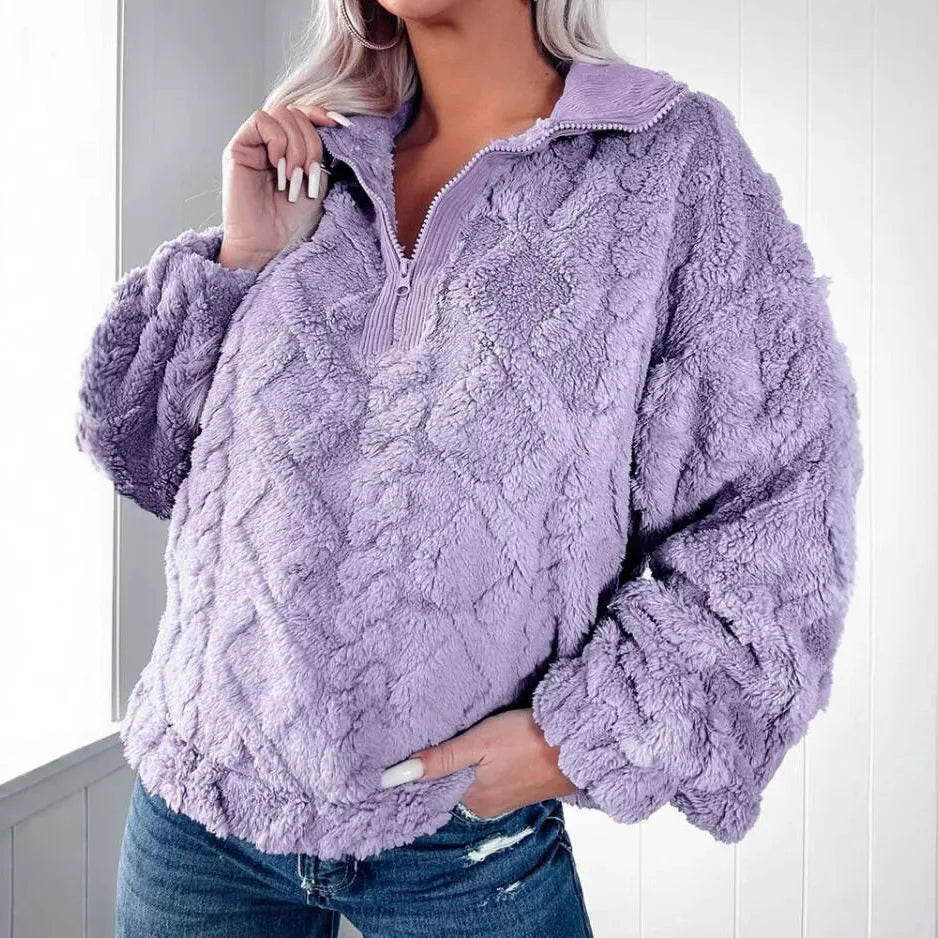 Krohn-e | Pullover Sweatshirt Kunstfell Lockere Passform Gepolstert Halber Reißverschluss Lange Ärmel
