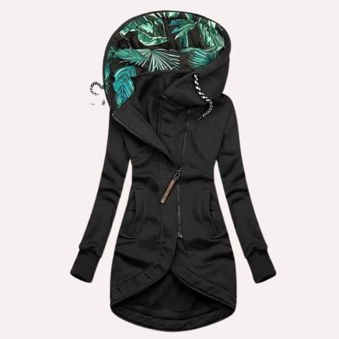Krohn-e | Fleece-Jacke - Slim Fit - Asymmetrischer Reißverschluss - Gefütterte Kapuze mit Druck