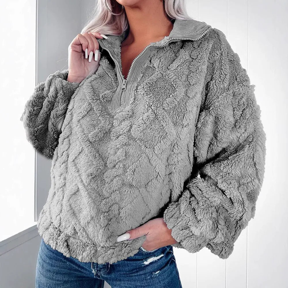 Krohn-e | Pullover Sweatshirt Kunstfell Lockere Passform Gepolstert Halber Reißverschluss Lange Ärmel