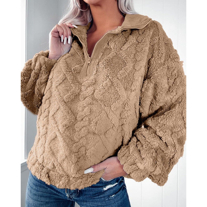 Krohn-e | Pullover Sweatshirt Plüsch Fleece Übergröße Fit Halber Reißverschluss Stehkragen