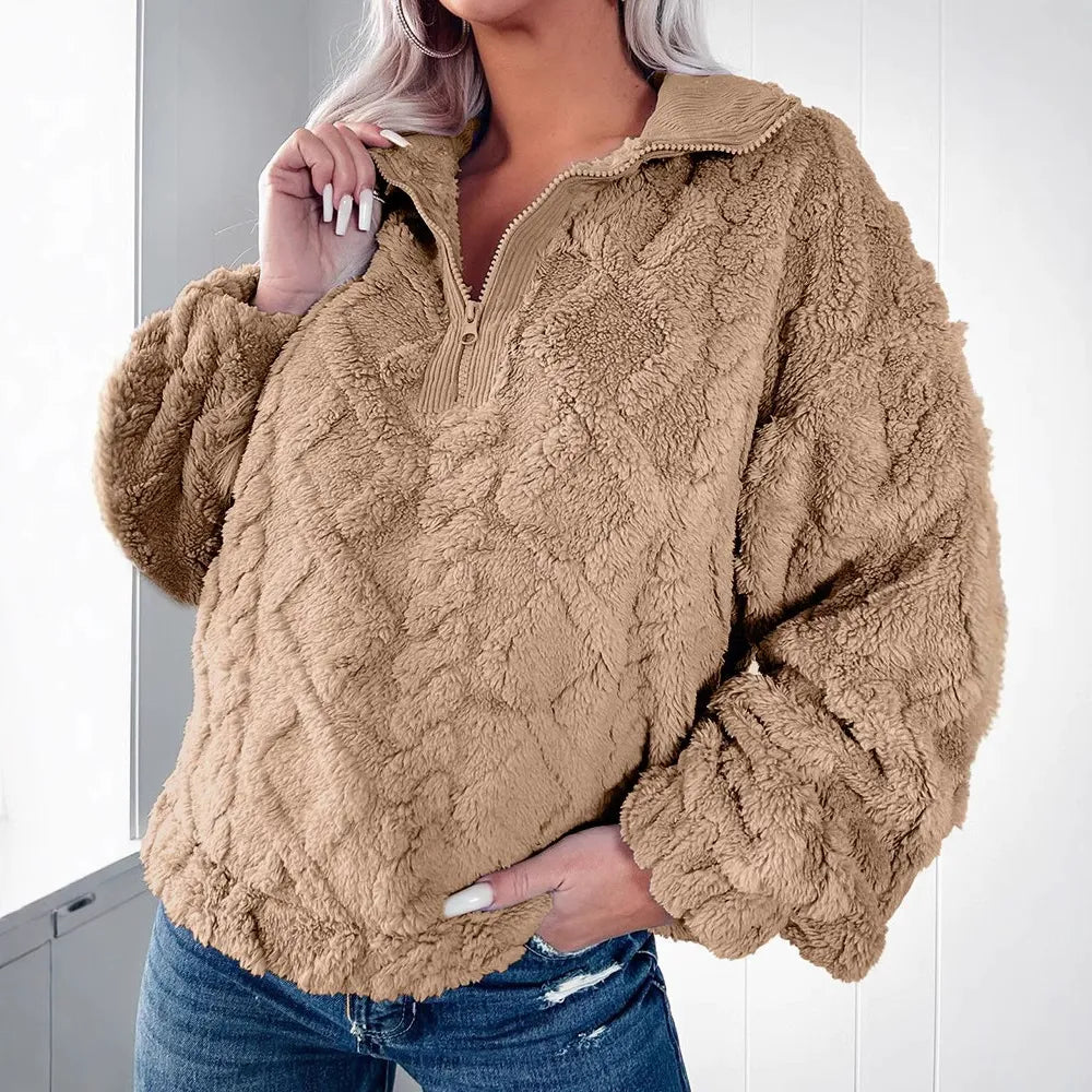 Krohn-e | Pullover Sweatshirt Kunstfell Lockere Passform Gepolstert Halber Reißverschluss Lange Ärmel