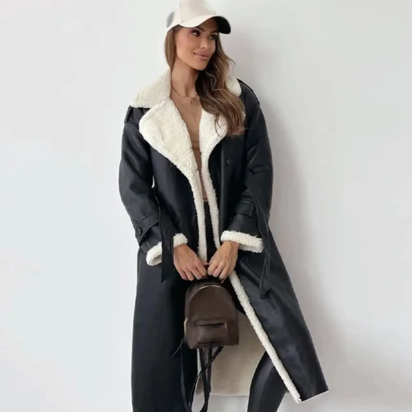 Krohn-e | Langshearling Gefütterter Trenchcoat Schicker Doppelreiher Wintermantel