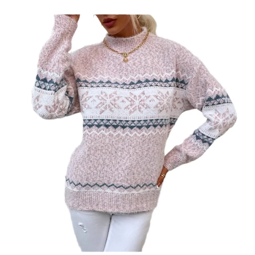 Krohn-e | Pullover Wollstrick Lässige Passform Schneeflockenmuster Hoher Kragen