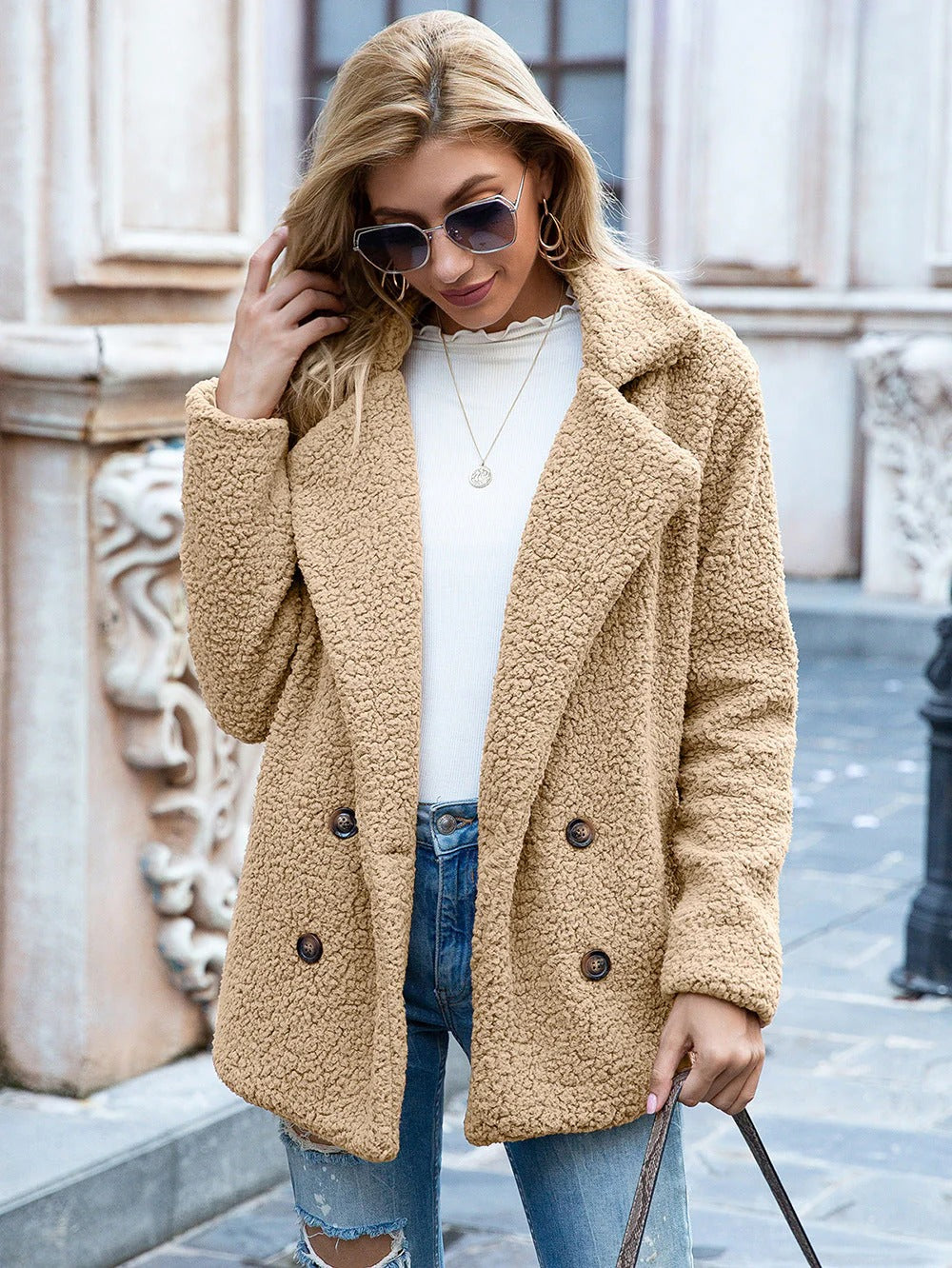 Krohn-e | Übergröße Teddy Mantel Lässiger Winter Knopfleiste