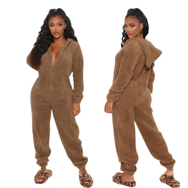 Krohn-e | Damen Teddy Fleece Overall mit Kapuze