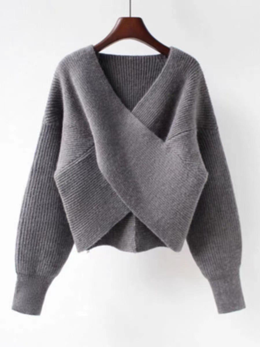 Krohn-e | Übergröße Sweatshirt Strickrib Textur V-Ausschnitt Ballonärmel
