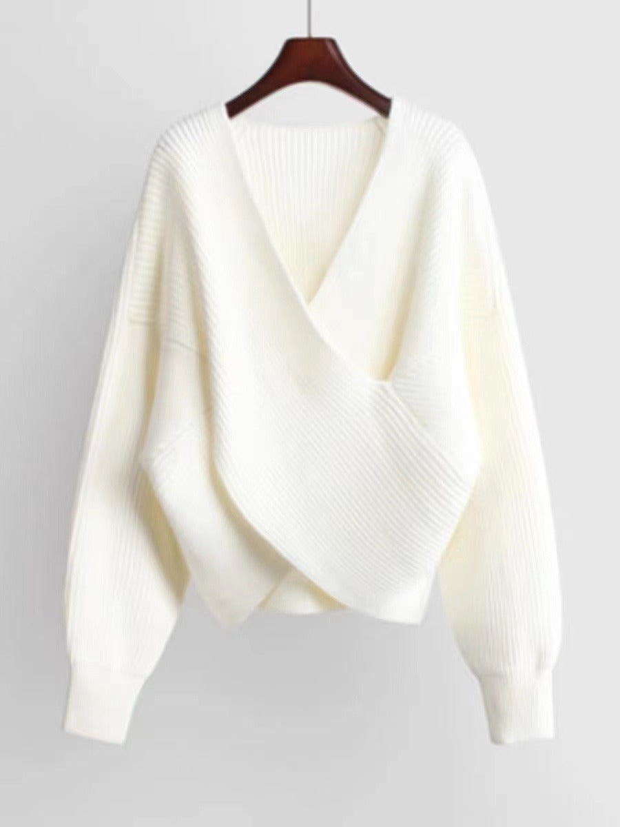 Krohn-e | Übergröße Sweatshirt Strickrib Textur V-Ausschnitt Ballonärmel