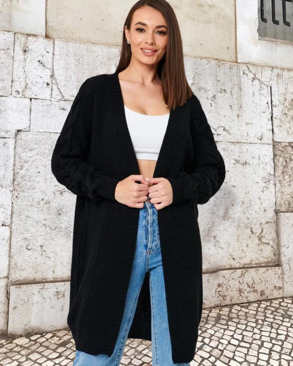 Krohn-e | Strickjacke - Wolle - Oversized Fit - Kabelärmel - Lange offene Front