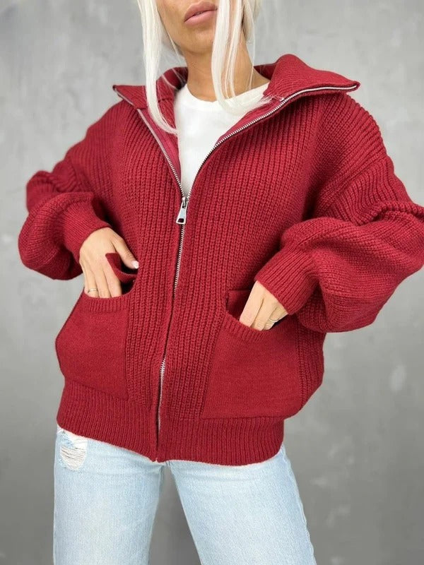 Krohn-e | Cardigan - Entspanntes Fit - Gestrickte Wolle - Reißverschluss - Ripptextur - Klapptaschen