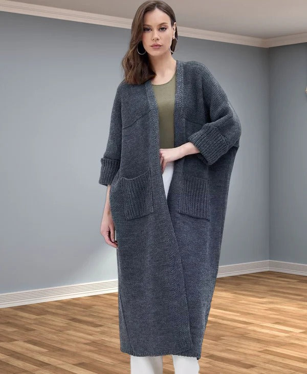 Krohn-e | Strickjacke - Oversized Fit - Wolllook - V-Ausschnitt - Offenes Modell mit Taschen