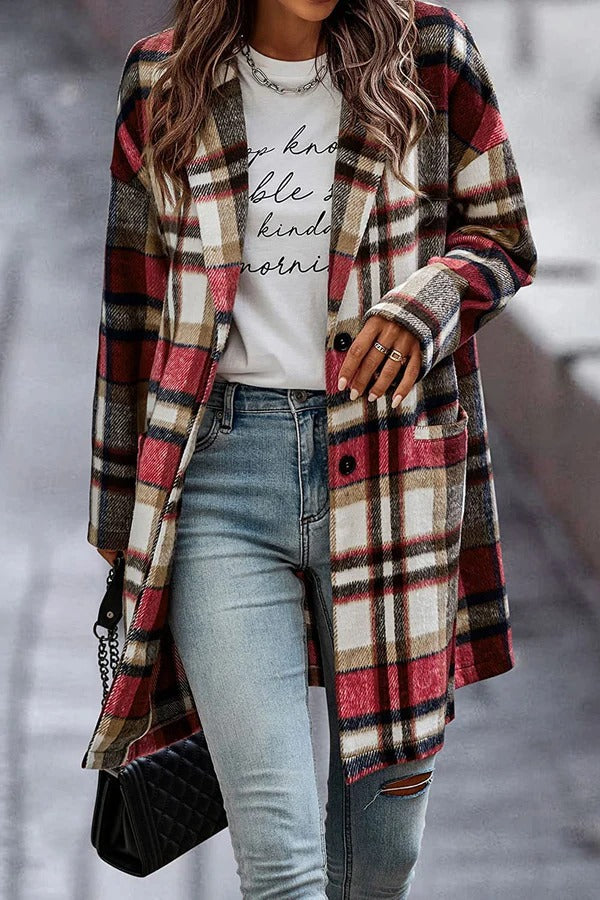 Krohn-e | Mantel - Oversized Fit - Wolle - Karomuster - Mit Knöpfen und Taschen