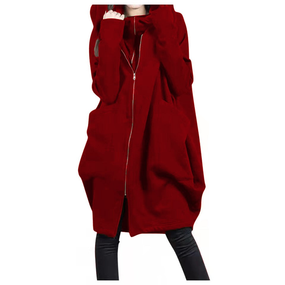 Krohn-e | Mittellanger Mantel - Oversized Fit - Kapuze - Reißverschluss - Weicher Woll-Look