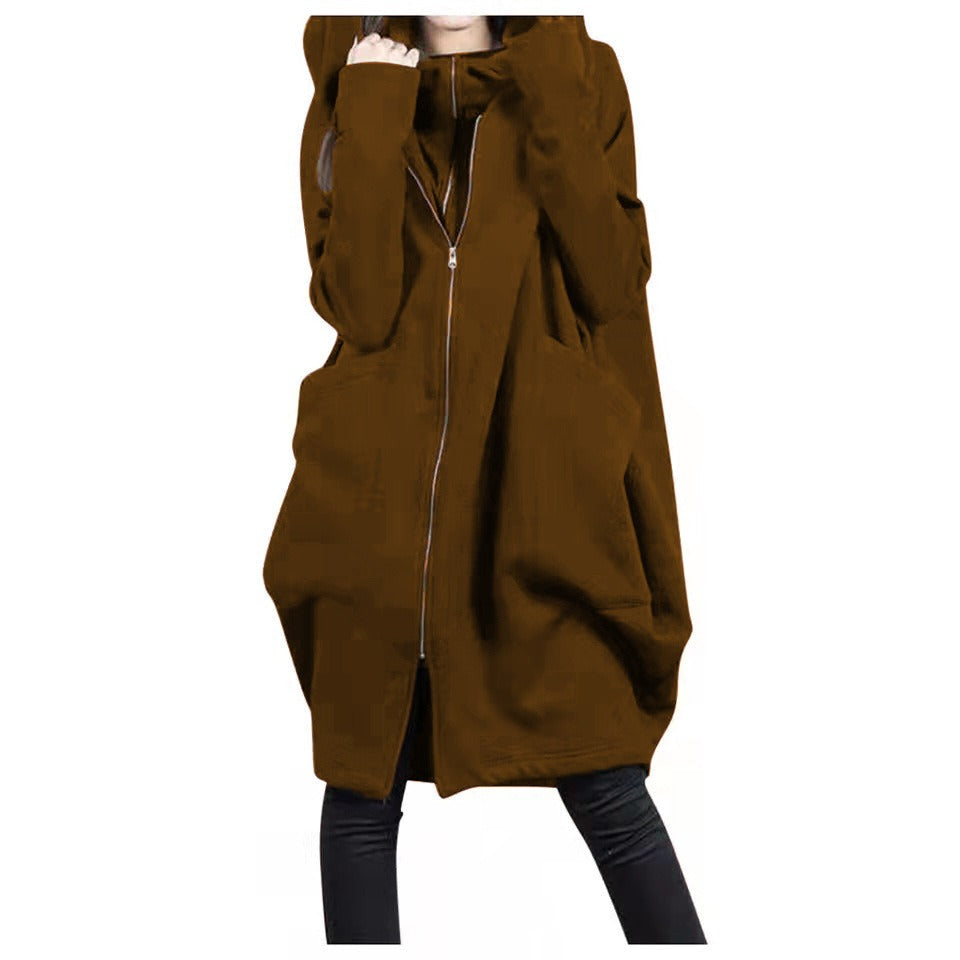 Krohn-e | Mittellanger Mantel - Oversized Fit - Kapuze - Reißverschluss - Weicher Woll-Look