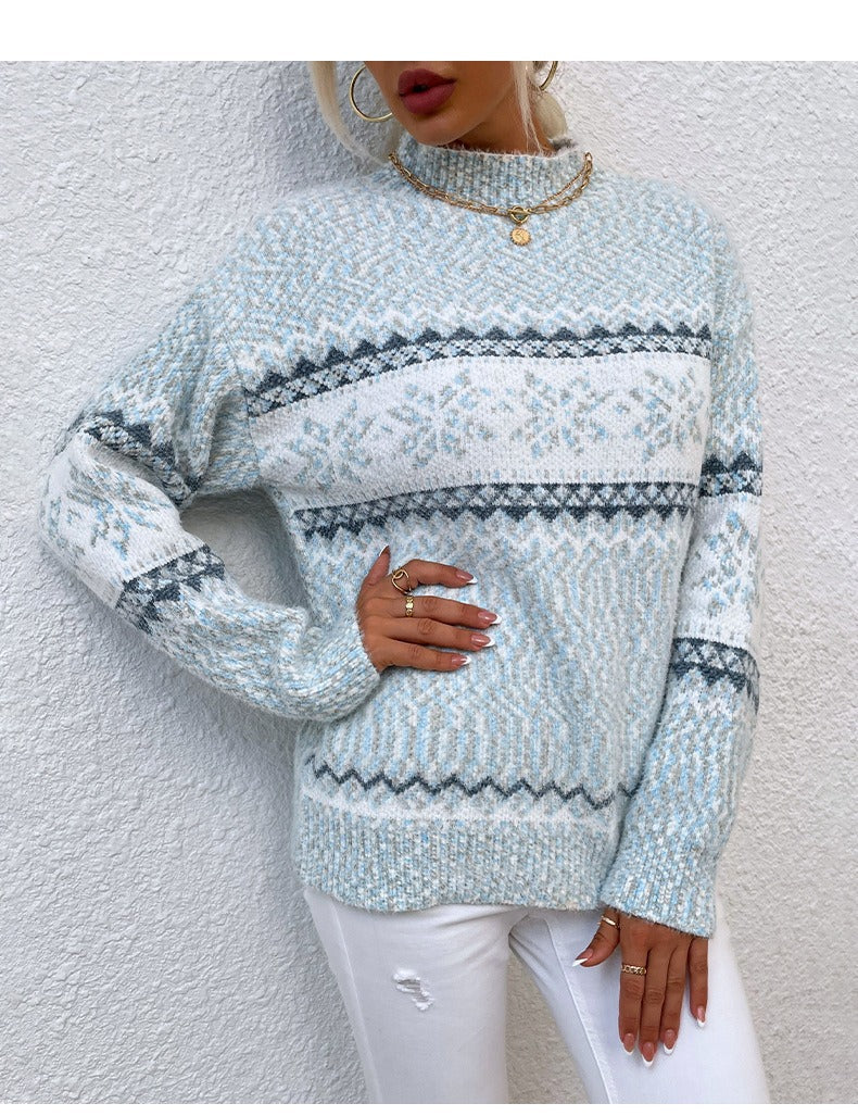 Krohn-e | Pullover Wollstrick Lässige Passform Schneeflockenmuster Hoher Kragen