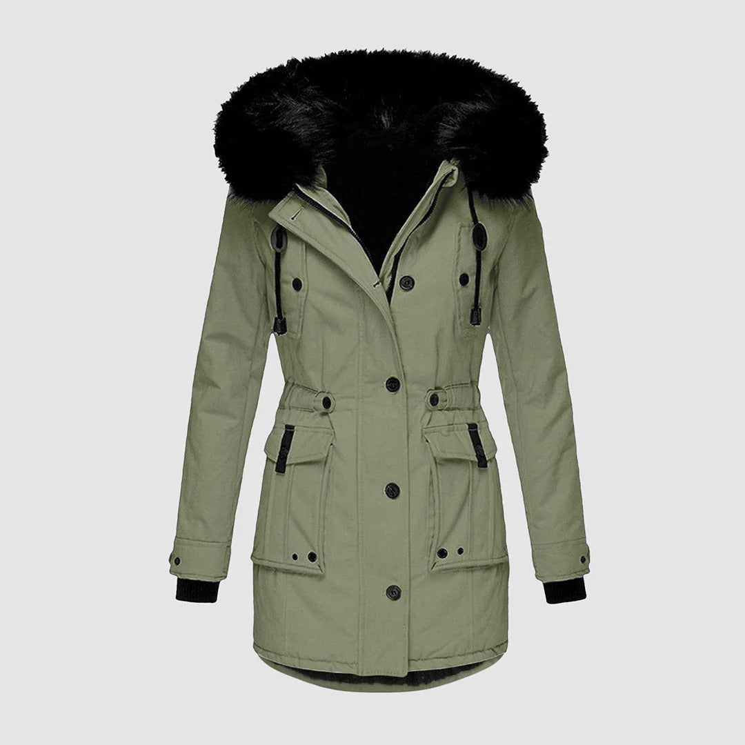 Krohn-e | Lange Jacke - Taillierte Passform - Kunstpelzkapuze - Taillengurt