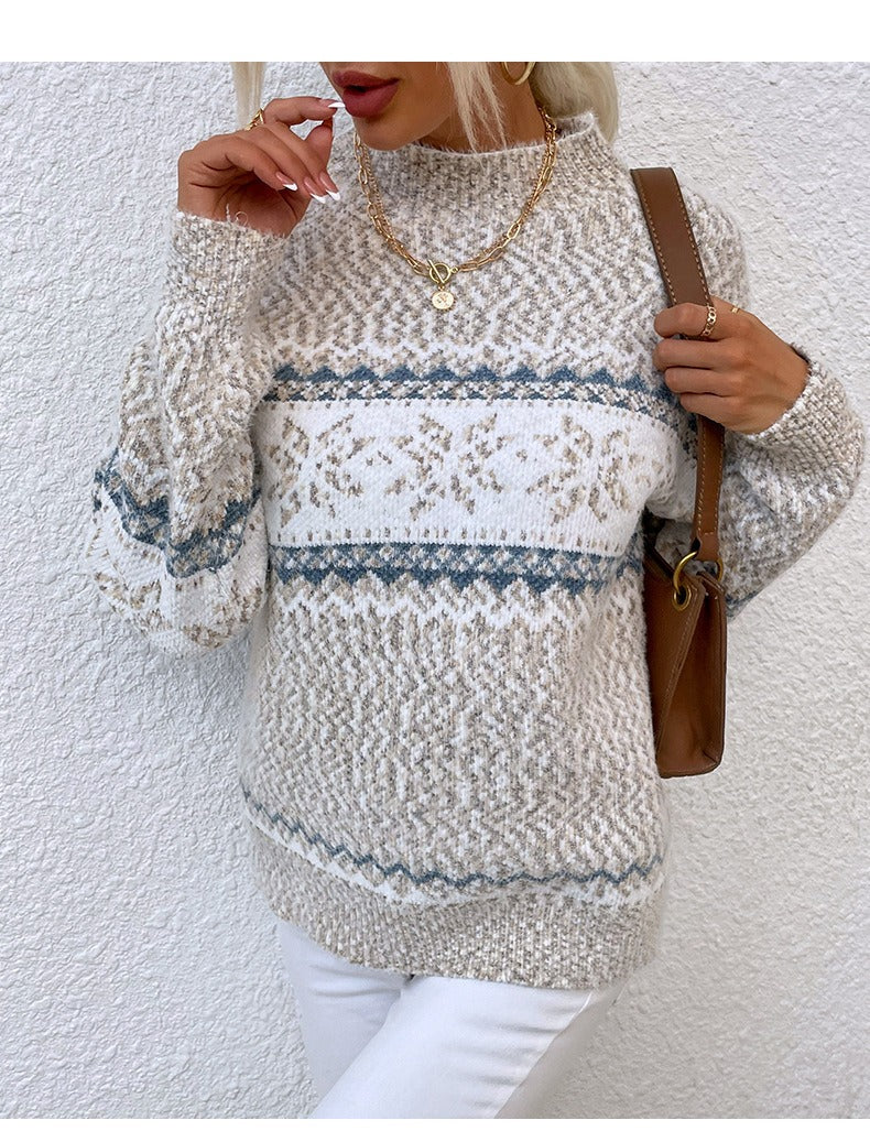Krohn-e | Pullover Wollstrick Lässige Passform Schneeflockenmuster Hoher Kragen