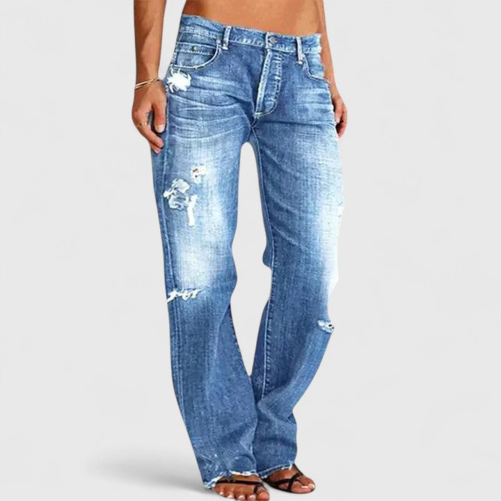 KROHN-E Damen Straight Jeans Used-Look Low-Rise hellblau