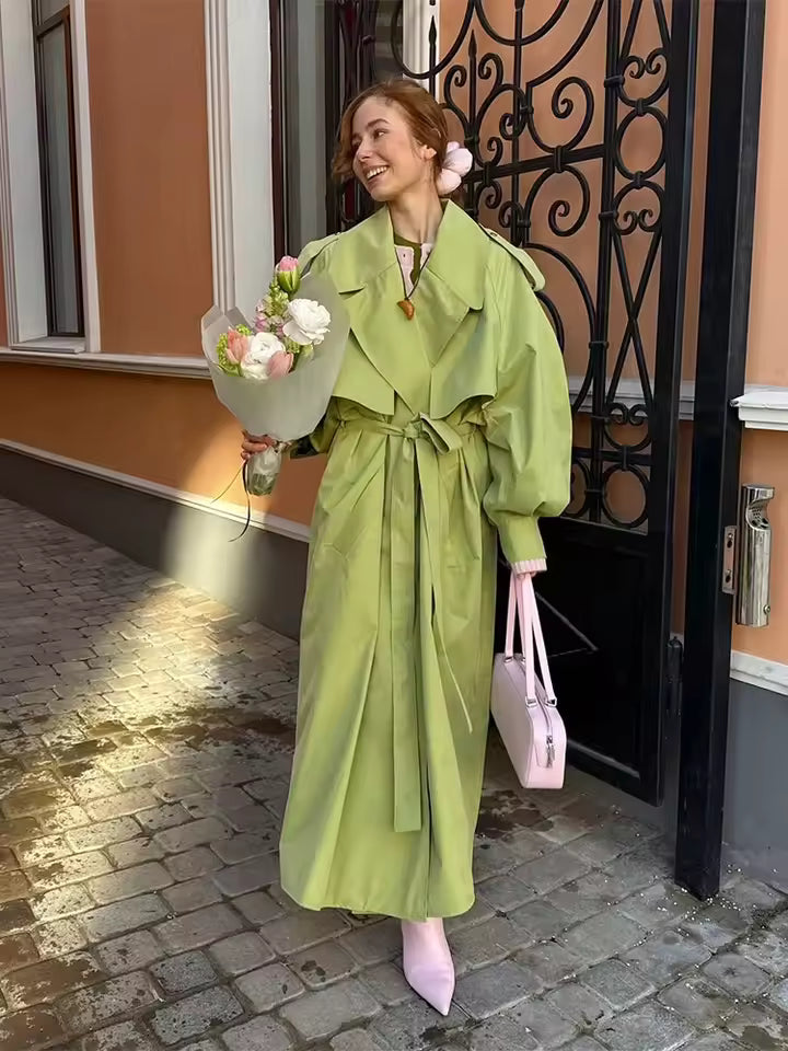 Krohn-e | Übergröße Grüner Damen Trenchcoat mit Gürtel