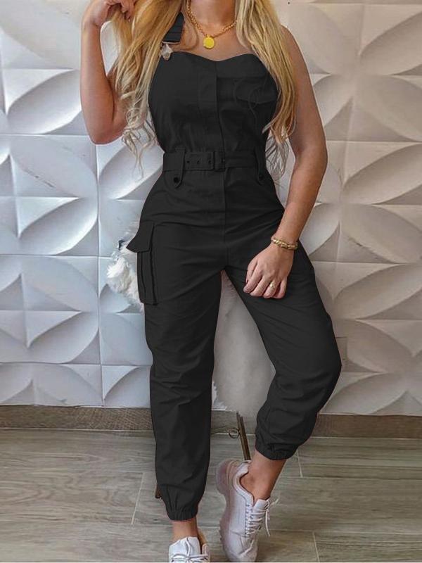 Krohn-e | Damen Jumpsuits Werkzeuggürtel Ärmellos Träger Einfach Rückhaltung Fuß Jumpsuit
