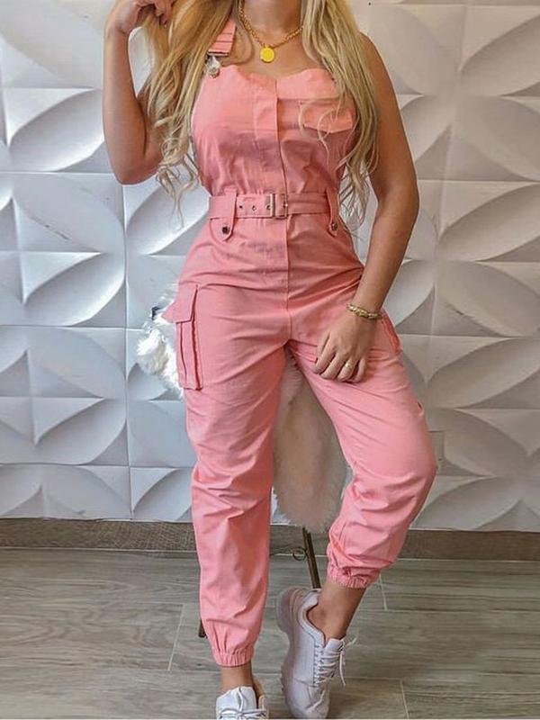 Krohn-e | Damen Jumpsuits Werkzeuggürtel Ärmellos Träger Einfach Rückhaltung Fuß Jumpsuit