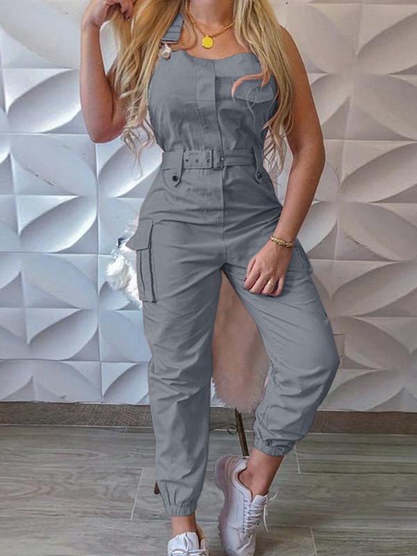 Krohn-e | Damen Jumpsuits Werkzeuggürtel Ärmellos Träger Einfach Rückhaltung Fuß Jumpsuit