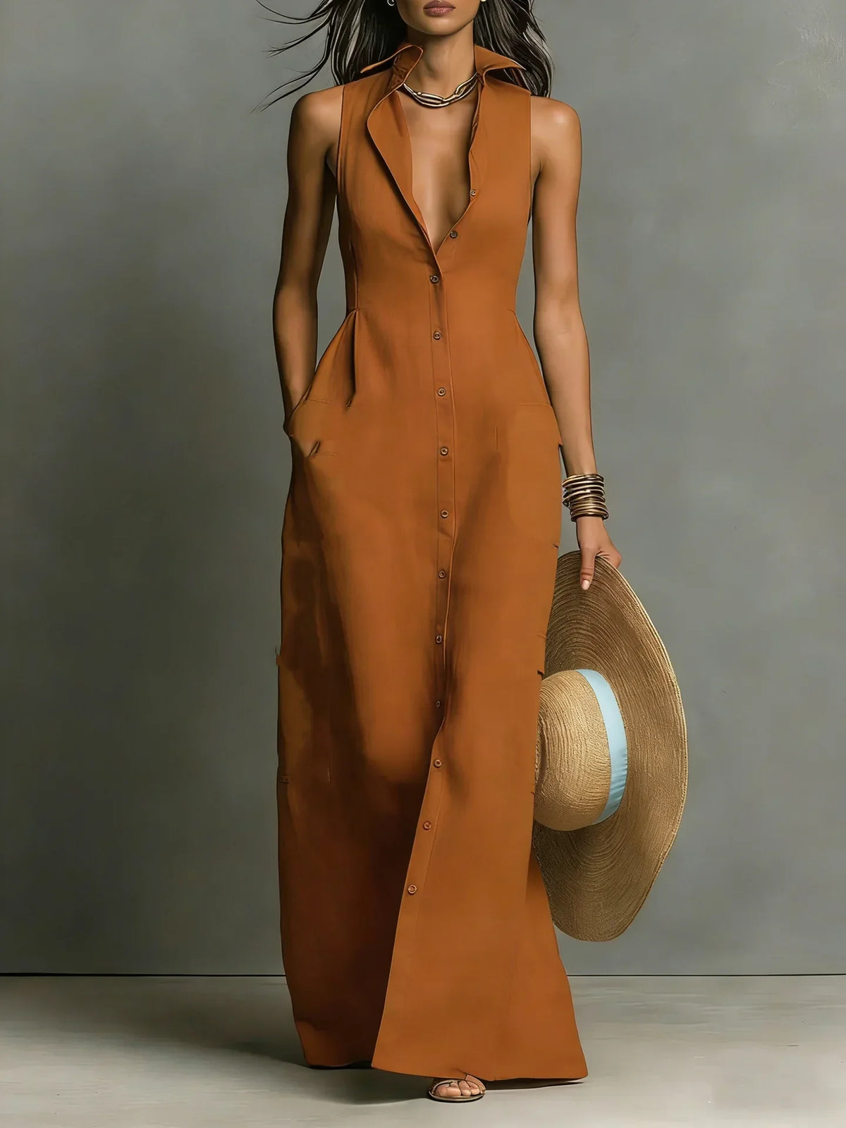 Johanna | Damen Ärmelloses Hemdblusenkleid Maxikleid