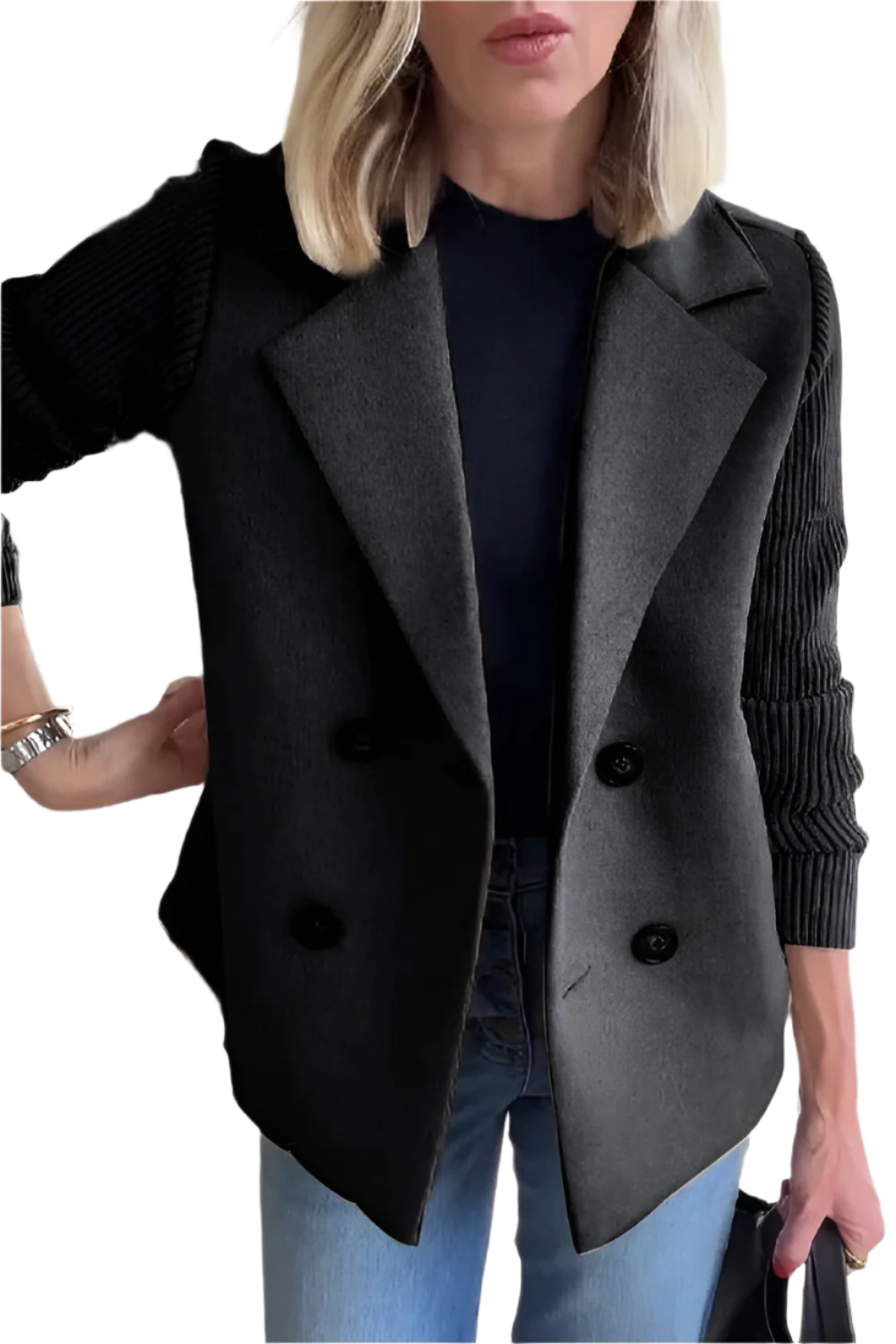 Krohn-e | Damen Blazer aus veganer Wolle mit gestrickten Ärmeln