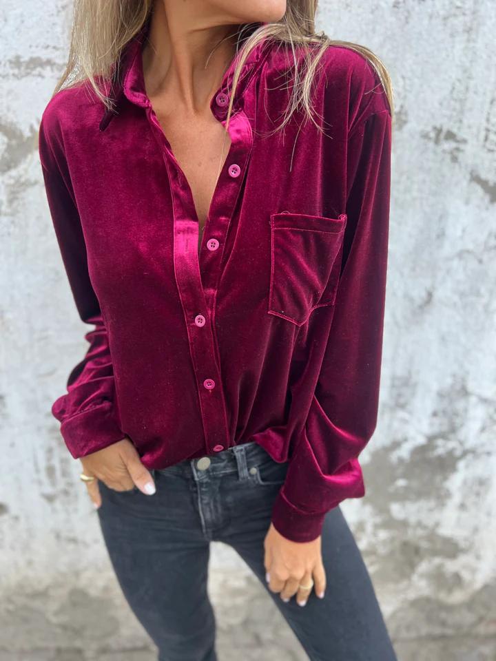 Krohn-e | Elegante Samtbluse mit Tasche Weich und Stilvoll Perfekt für Festliche Anlässe