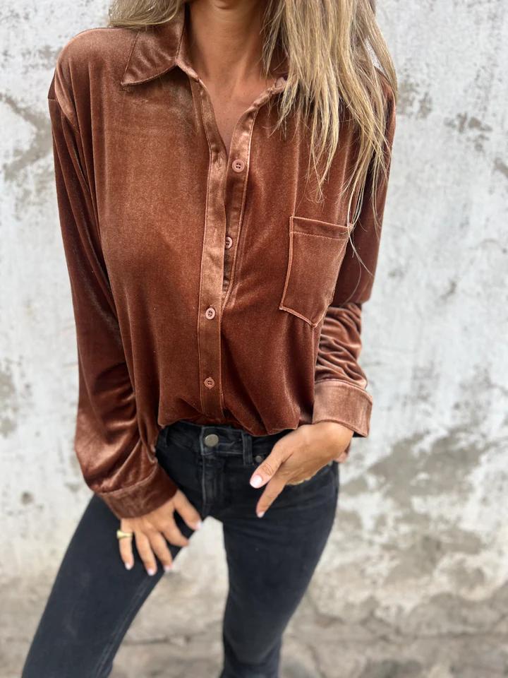 Krohn-e | Elegante Samtbluse mit Tasche Weich und Stilvoll Perfekt für Festliche Anlässe