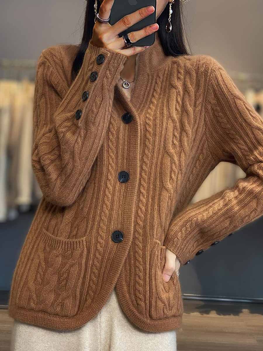 Krohn-e | Cardigan - Geflochtener Knopf Stehkragen Strickcardigan