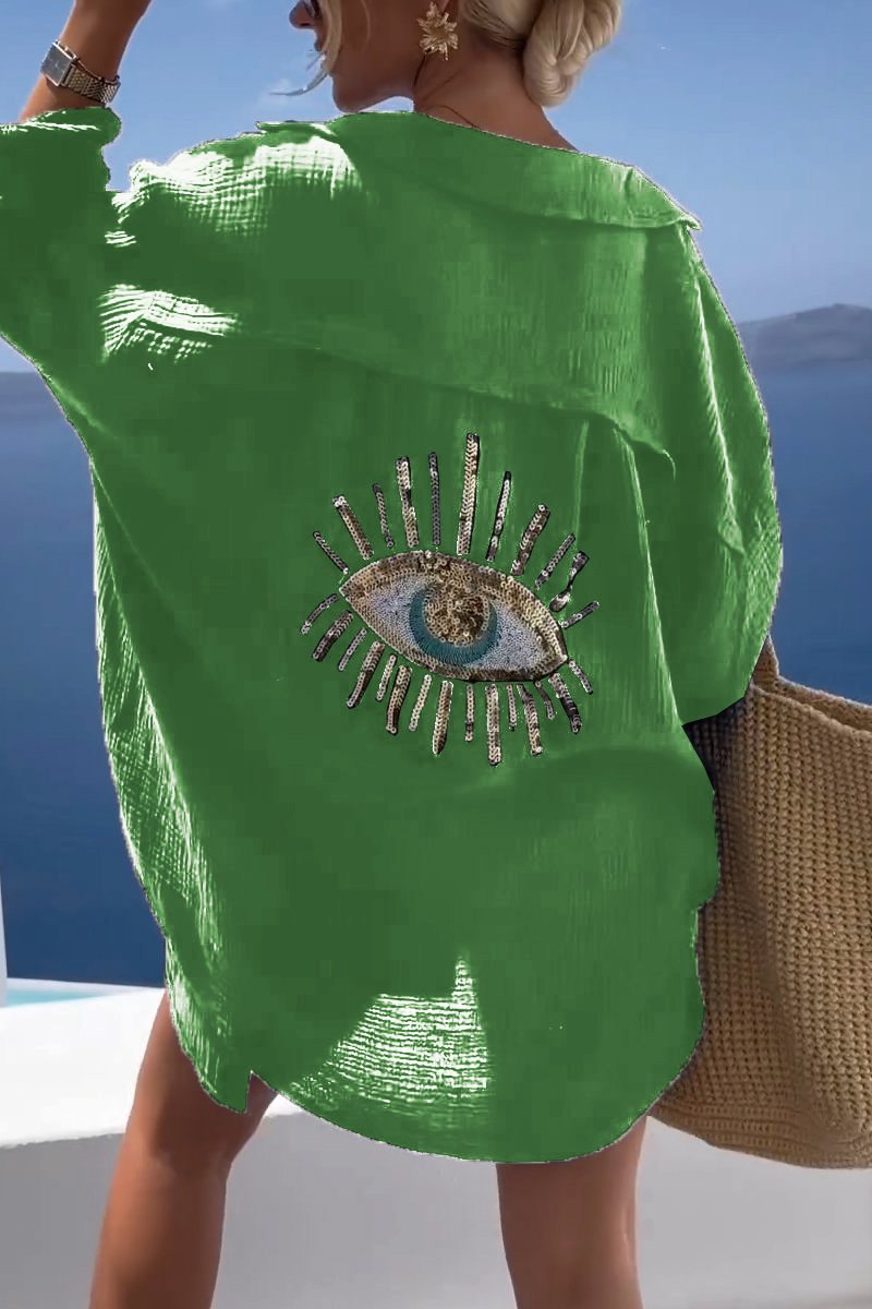 Oversized, Long-Sleeved Button-Down Shirt with Sequined Eyes by Fudus