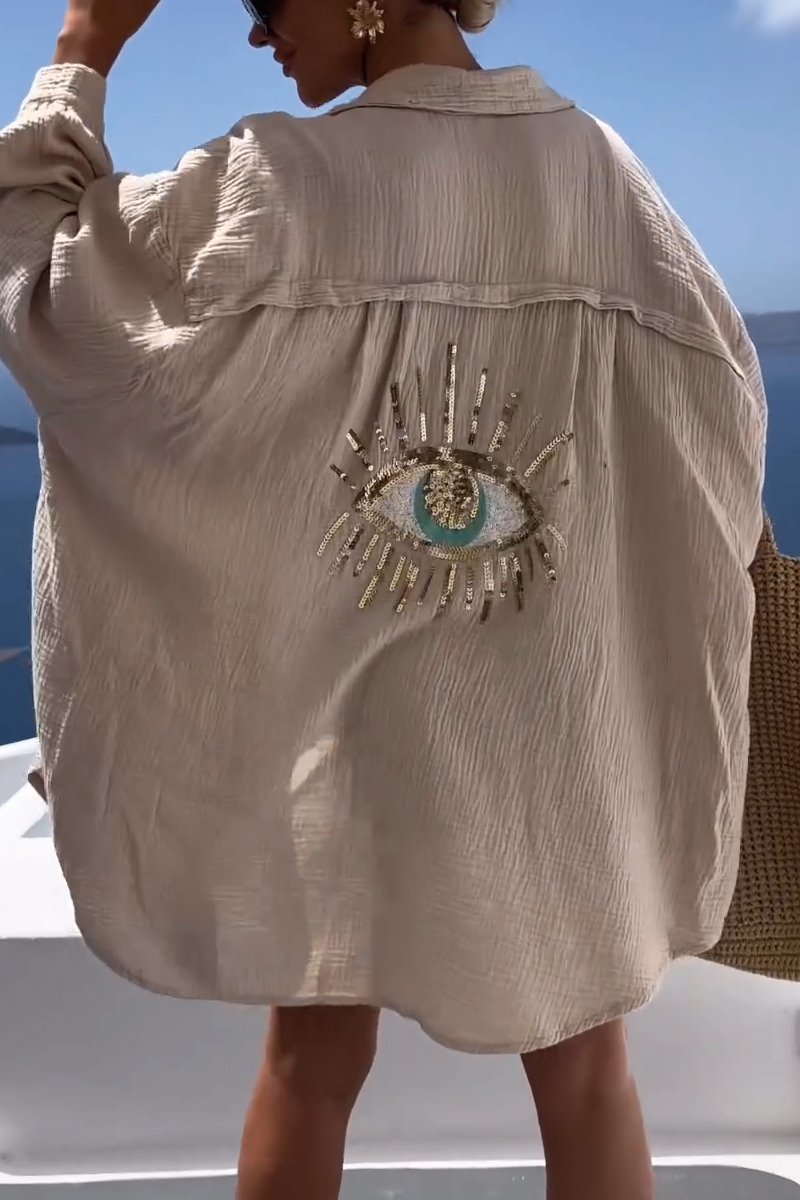 Oversized, Long-Sleeved Button-Down Shirt with Sequined Eyes by Fudus