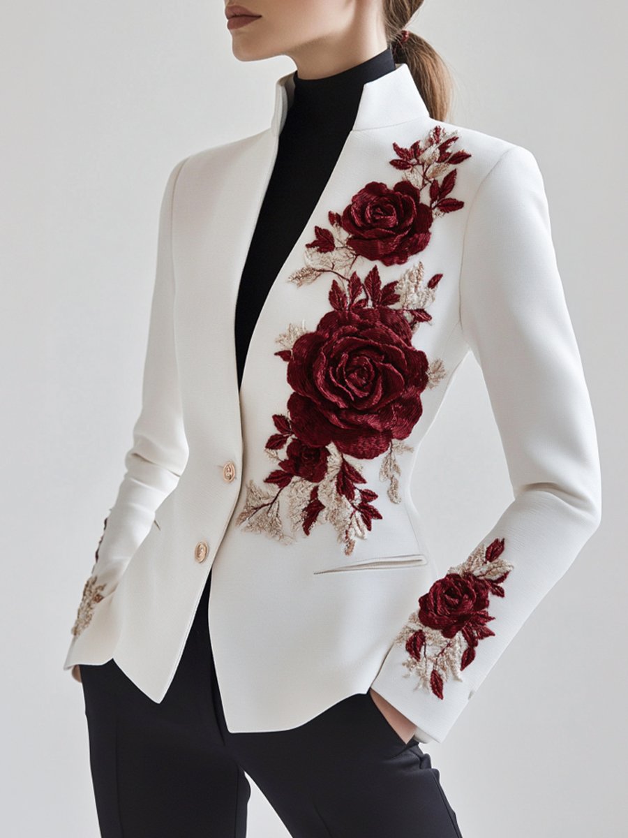 Krohn-e | Weißer Blazer Mit Roter Rosenstickerei
