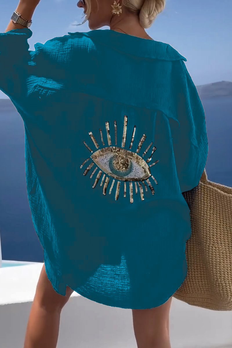 Oversized, Long-Sleeved Button-Down Shirt with Sequined Eyes by Fudus
