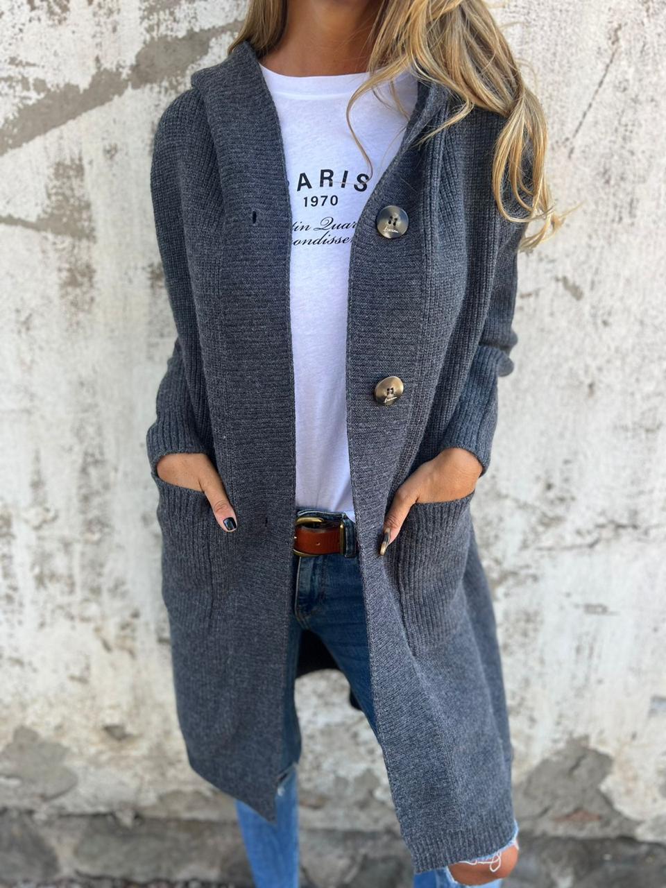 Krohn-e | Langer Strickcardigan mit Knöpfen Rippstrick Design Komfort und Stil