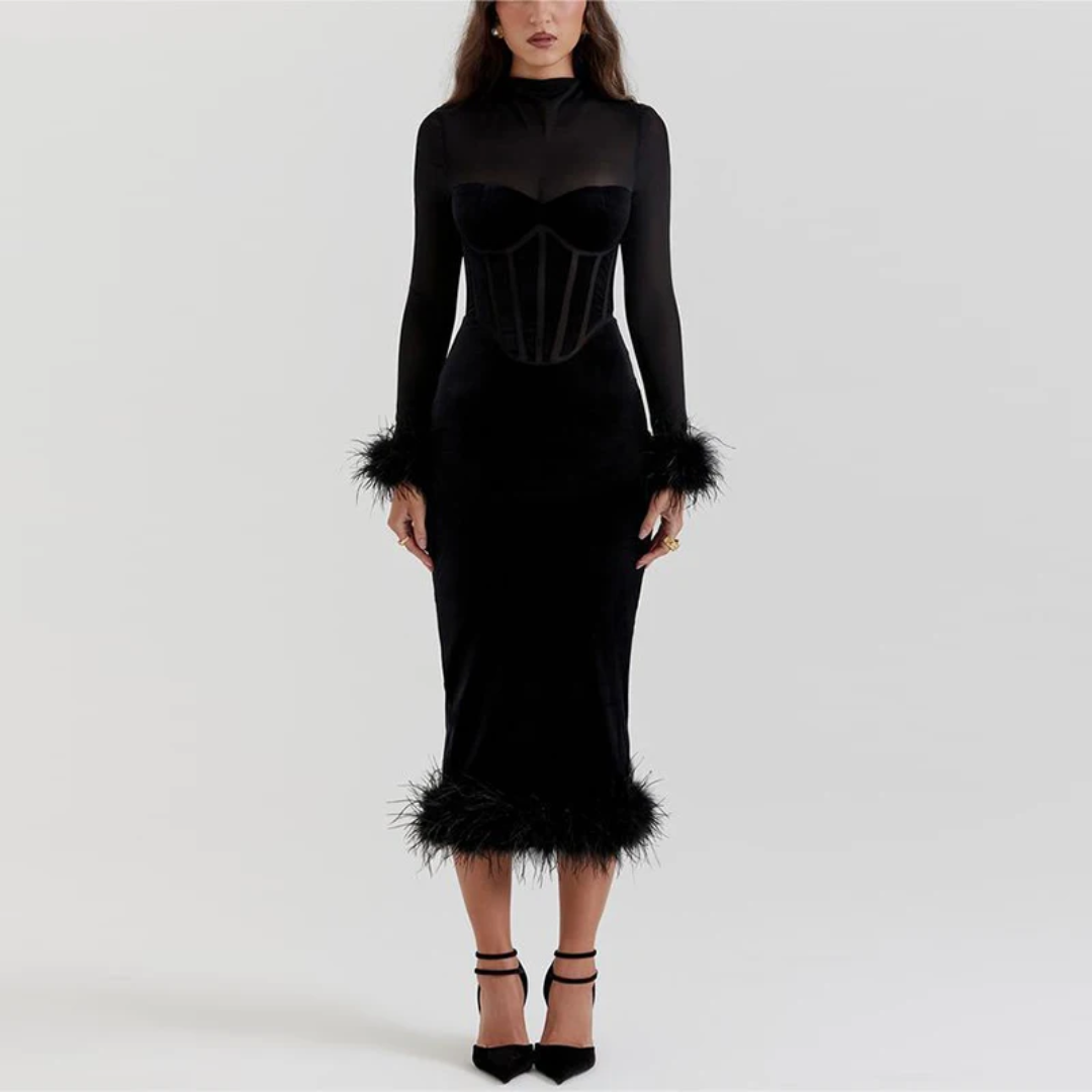 Krohn-e Elegantes Feder-Midi-Kleid für Damen