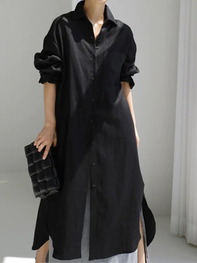 Karolin | Damen Langarm Hemdblusenkleid Midi