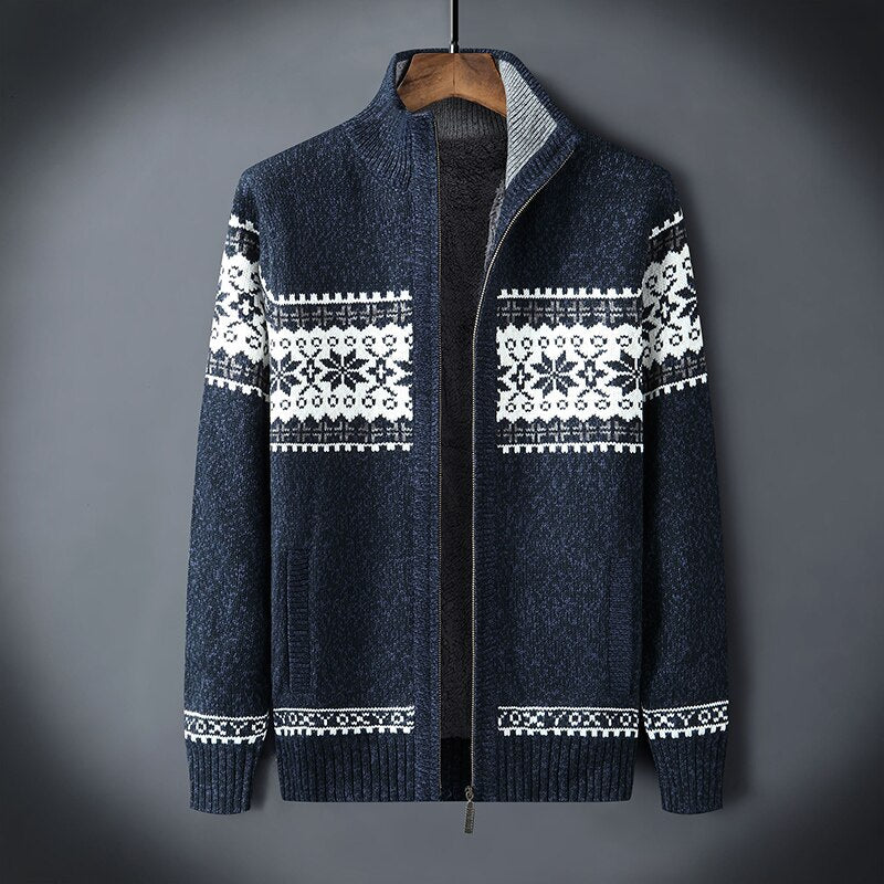 Herren-Zopfmuster-Jacke mit Reißverschluss und Schneeflocken-Design