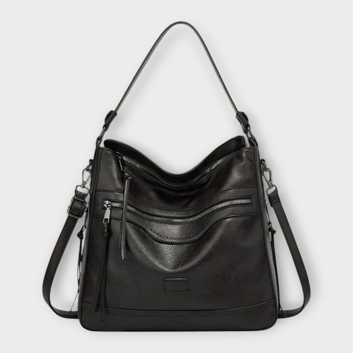 KROHN-E Damen Schultertasche Modern Design Schwarz Leder