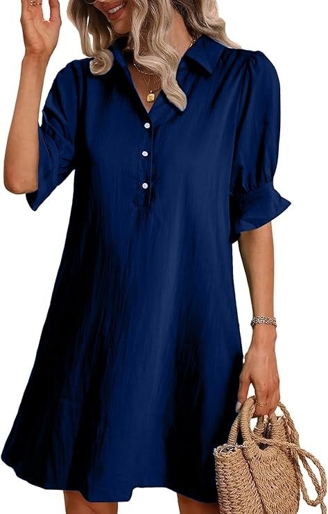 KROHN-E Damen Hemdblusenkleid 3/4-Ärmel Knielang Schwarz A-Linie