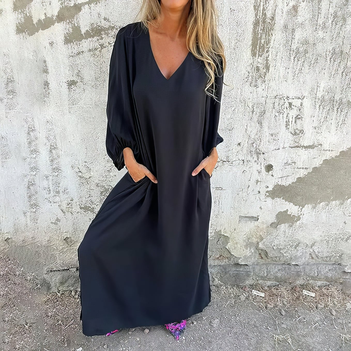 KROHN-E Damen Maxikleid fließend Taschen Boho-Stil