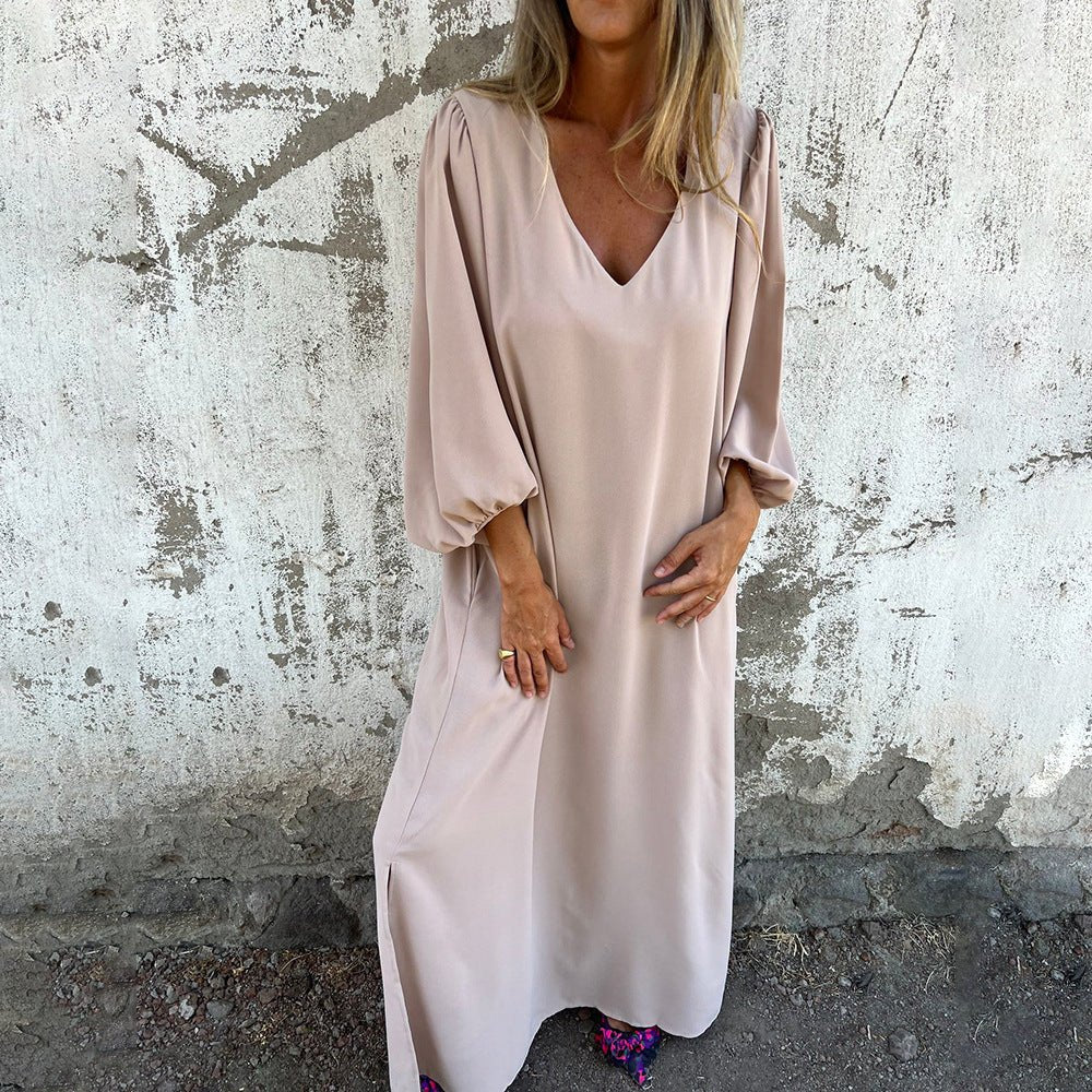 KROHN-E Damen Maxikleid fließend Boho-Stil beige