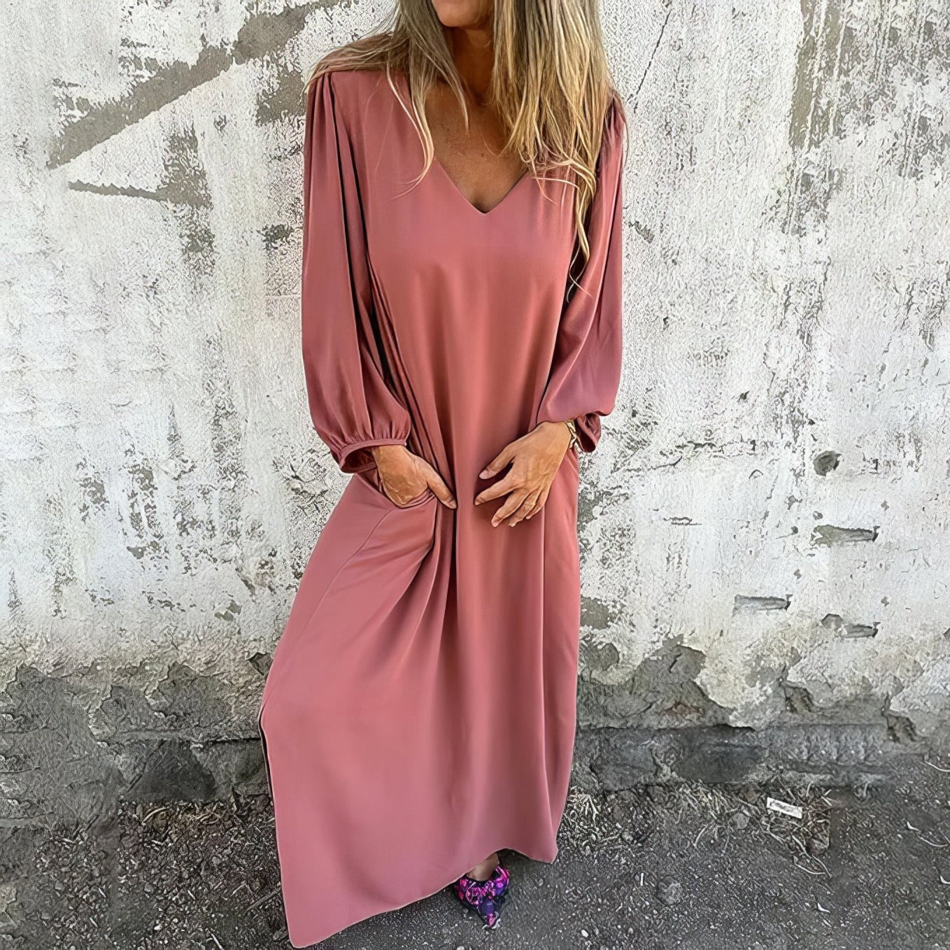 KROHN-E Damen Maxikleid fließend Taschen Boho-Stil
