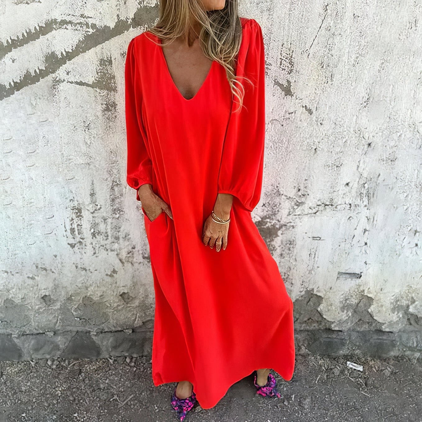 KROHN-E Damen Maxikleid fließend Taschen Boho-Stil