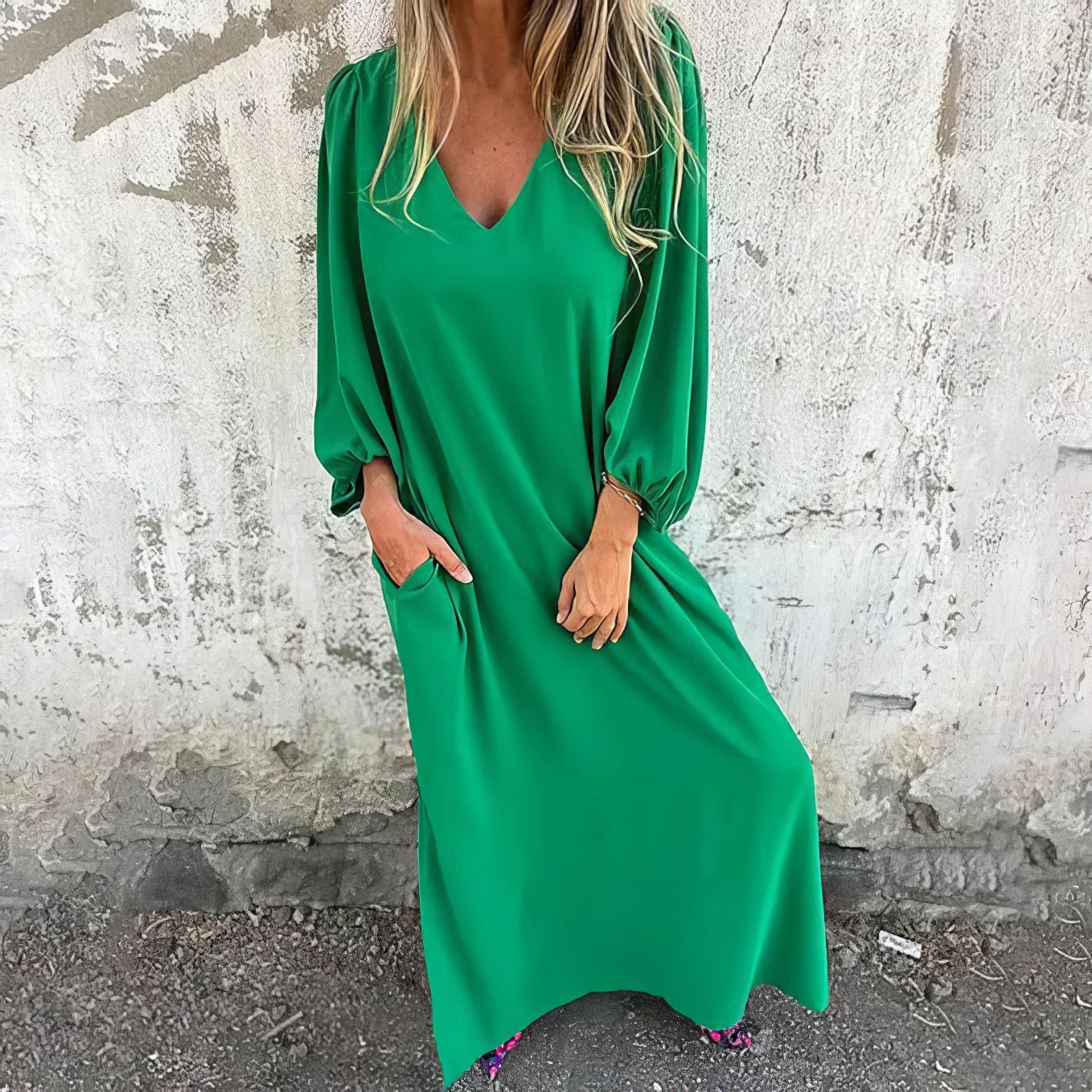 KROHN-E Damen Maxikleid fließend Taschen Boho-Stil