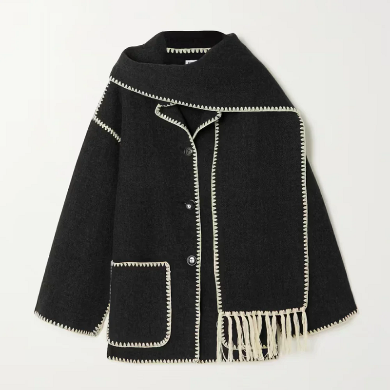 Krohn-e | Wollmantel - Oversized Fit - Schal-Kragen mit Fransen - Dekorative Nähte - Knopfverschluss